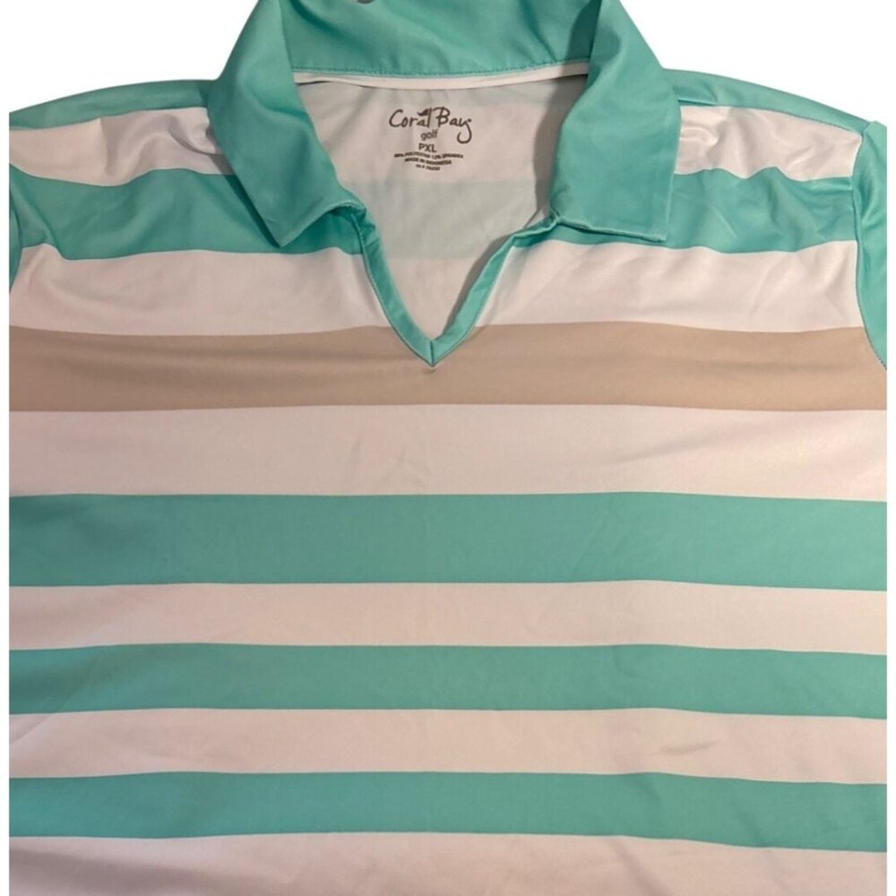Coral Bay Polo Shirt Golf PXL Womens Striped Turquoise Beige White Short Sleeve